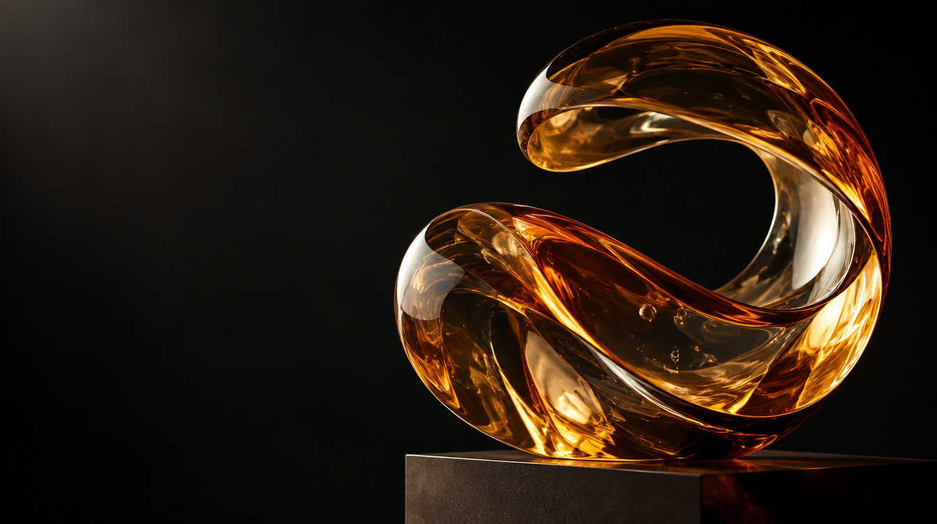 An abstract amber glass sculpture with flowing, translucent curves