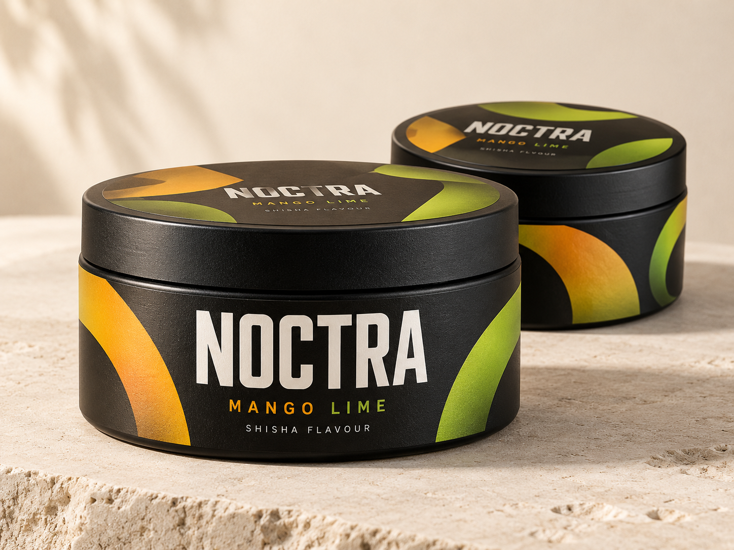 Fictional Noctra mango lime shisha flavour concept in wide black tubs with vivid geometric artwork
