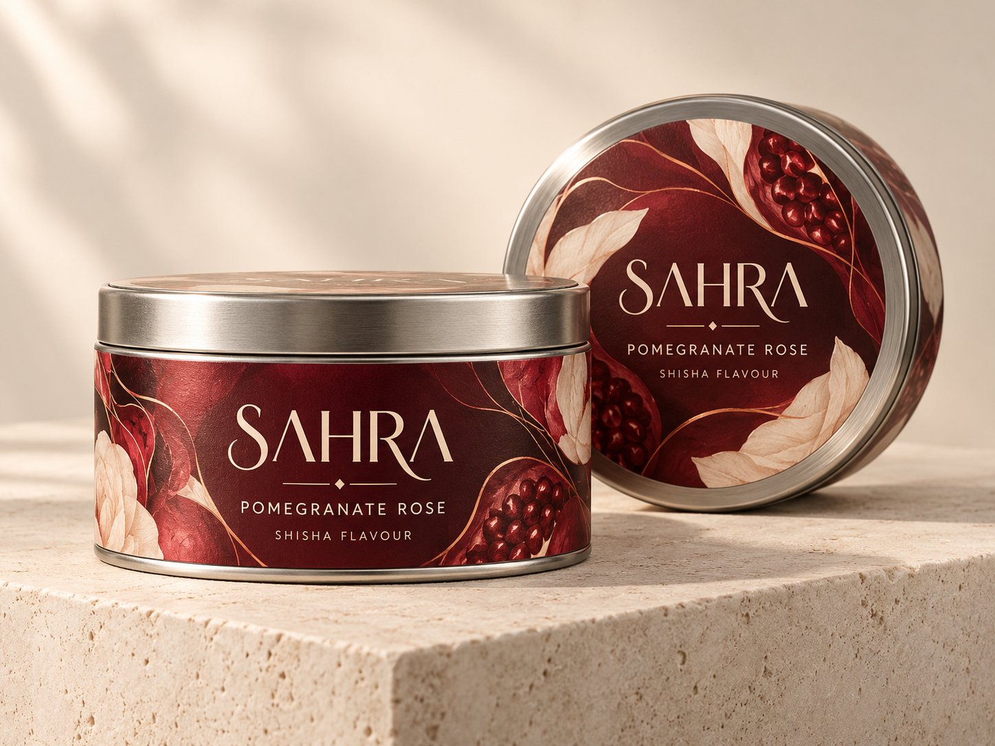 Fictional Sahra pomegranate rose shisha flavour concept in printed round metal tins