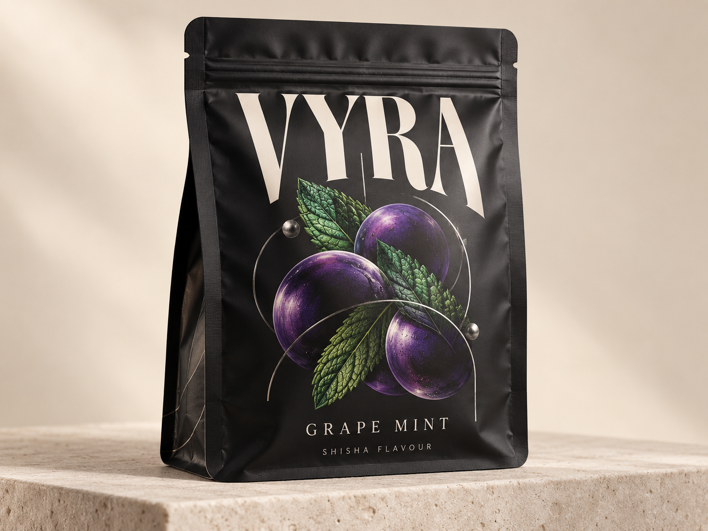 Fictional Vyra grape mint shisha flavour concept in a bold black stand-up pouch